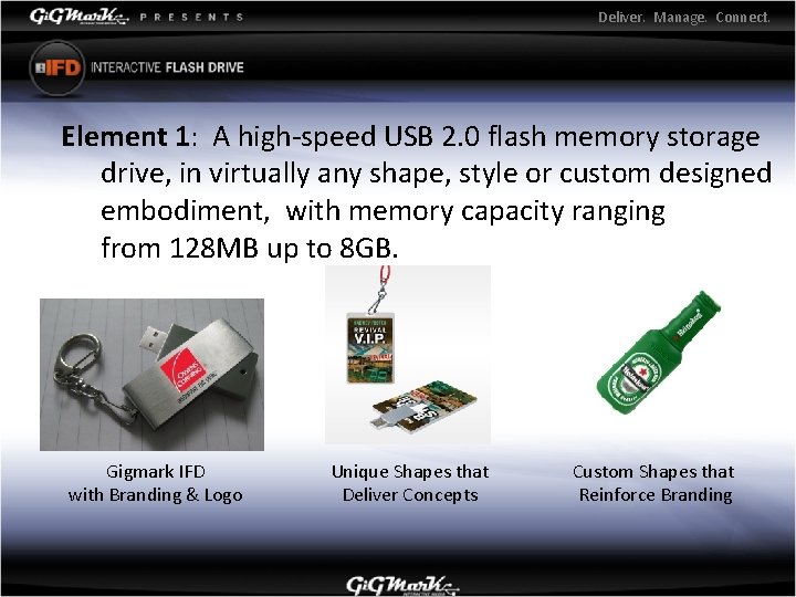 Deliver. Manage. Connect. Element 1: A high-speed USB 2. 0 flash memory storage drive,