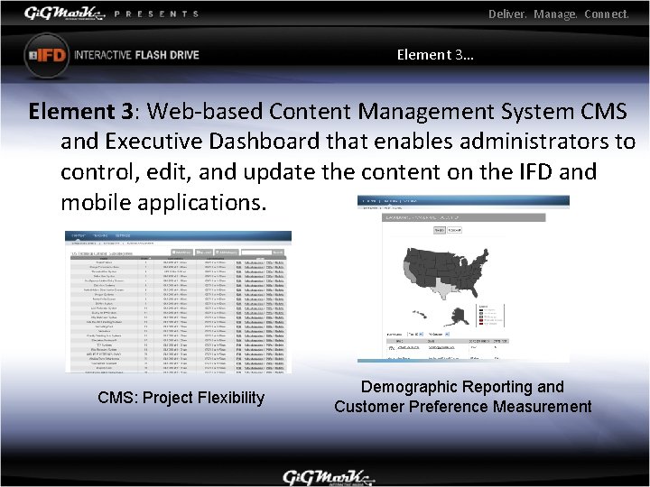 Deliver. Manage. Connect. Element 3… Element 3: Web-based Content Management System CMS and Executive