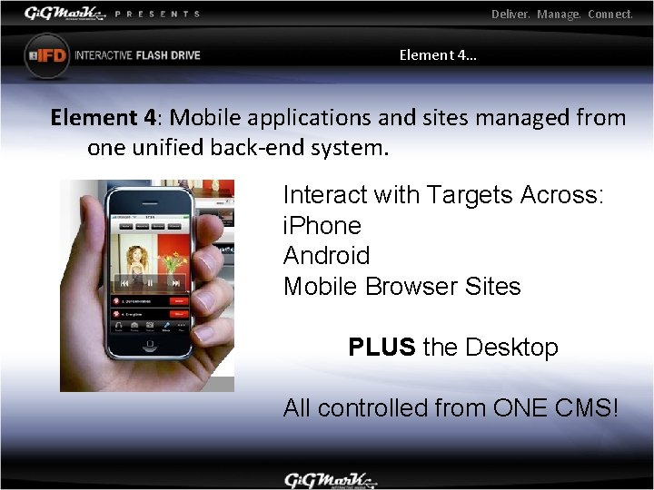 Deliver. Manage. Connect. Element 4… Element 4: Mobile applications and sites managed from one