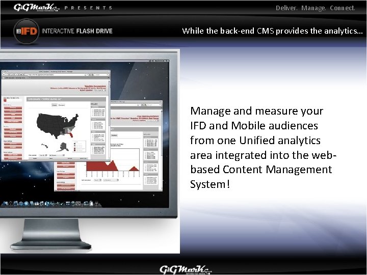 Deliver. Manage. Connect. While the back-end CMS provides the analytics… Manage and measure your