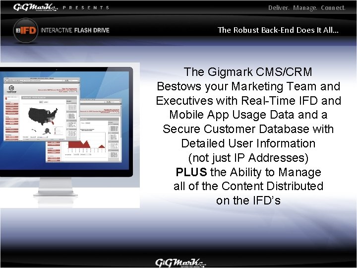 Deliver. Manage. Connect. The Robust Back-End Does It All… The Gigmark CMS/CRM Bestows your