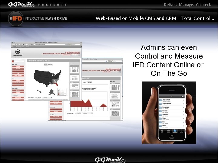 Deliver. Manage. Connect. Web-Based or Mobile CMS and CRM = Total Control… Admins can