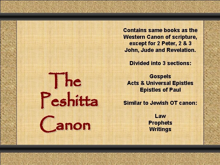 Contains same books as the Western Canon of scripture, except for 2 Peter, 2