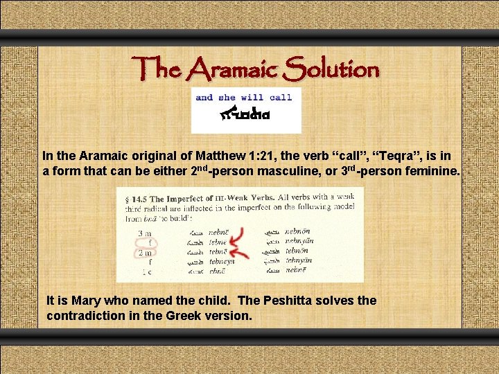 The Aramaic Solution In the Aramaic original of Matthew 1: 21, the verb “call”,
