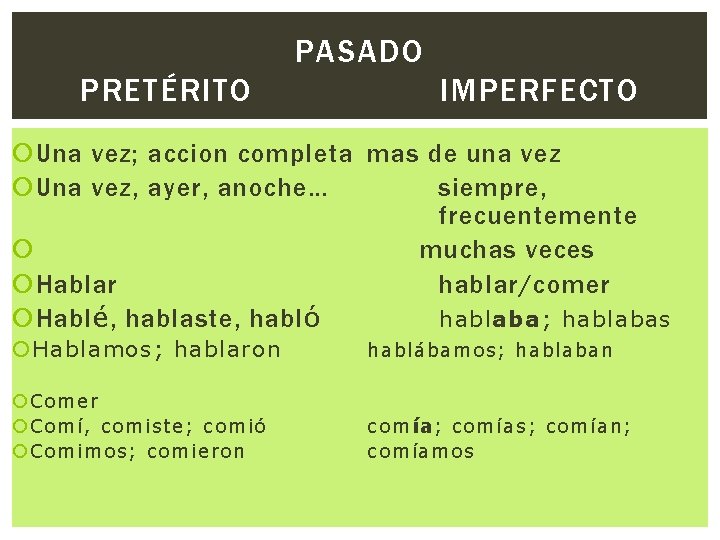 PASADO PRETÉRITO IMPERFECTO Una vez; accion completa mas de una vez Una vez, ayer,