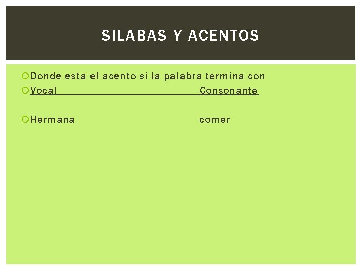 SILABAS Y ACENTOS Donde esta el acento si la palabra termina con Vocal Consonante