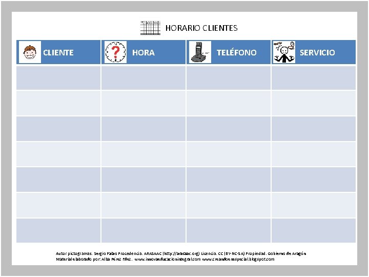 HORARIO CLIENTES CLIENTE HORA TELÉFONO SERVICIO Autor pictogramas: Sergio Palao Procedencia: ARASAAC (http: //arasaac.