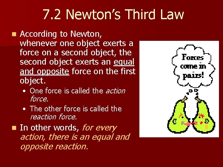 7. 2 Newton’s Third Law n According to Newton, whenever one object exerts a