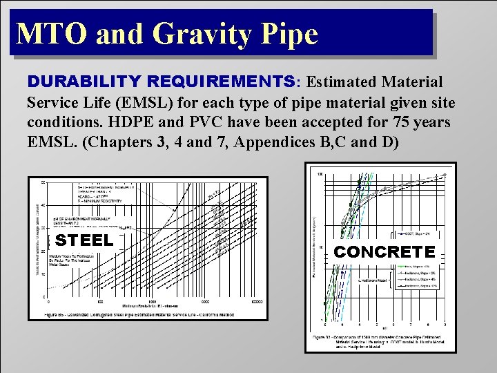 MTO and Gravity Pipe DURABILITY REQUIREMENTS: Estimated Material Service Life (EMSL) for each type