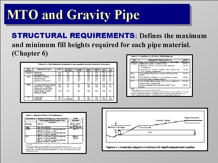 MTO and Gravity Pipe STRUCTURAL REQUIREMENTS: Defines the maximum and minimum fill heights required