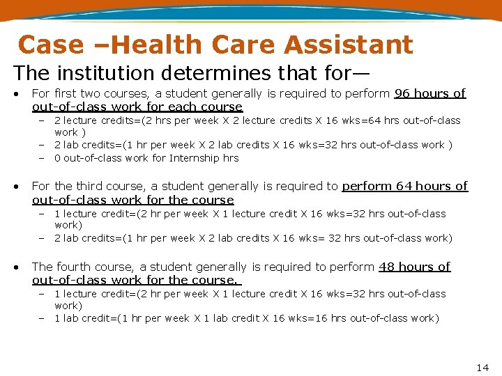 Case –Health Care Assistant The institution determines that for— • For first two courses,