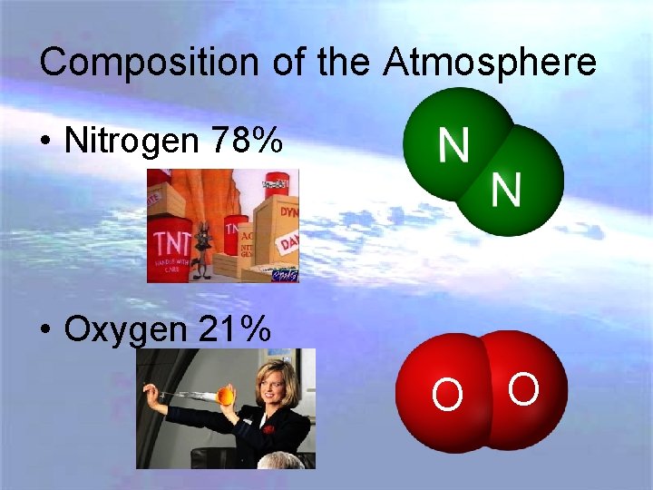 Composition of the Atmosphere • Nitrogen 78% • Oxygen 21% O O 