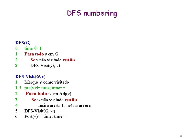DFS numbering DFS(G) 0. time 1 1 Para todo v em G 2 Se