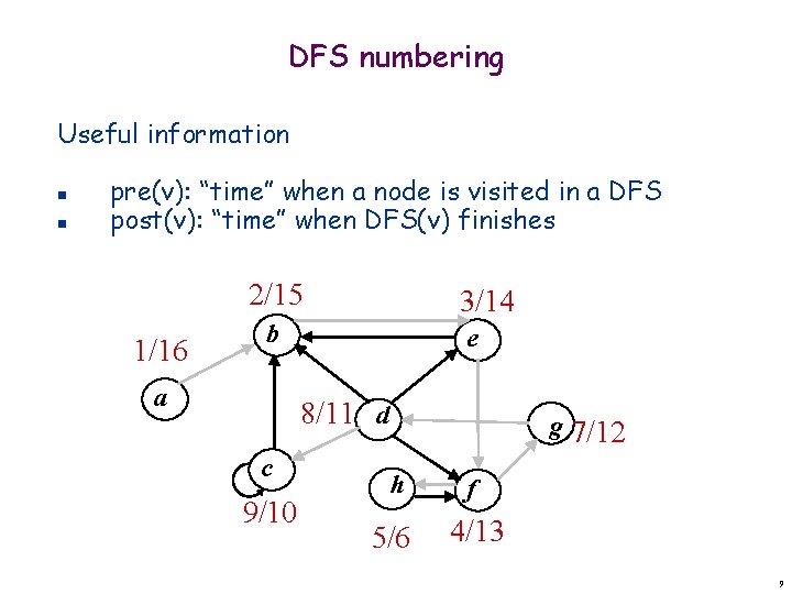 DFS numbering Useful information n n pre(v): “time” when a node is visited in