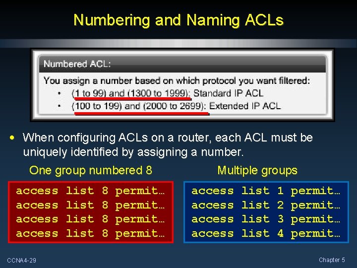Numbering and Naming ACLs • When configuring ACLs on a router, each ACL must