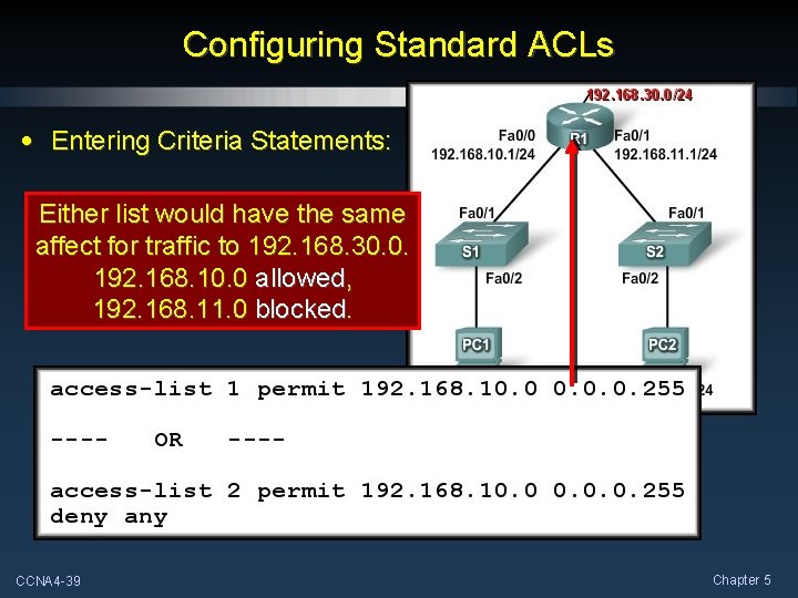 Configuring Standard ACLs • Entering Criteria Statements: Either list would have the same affect