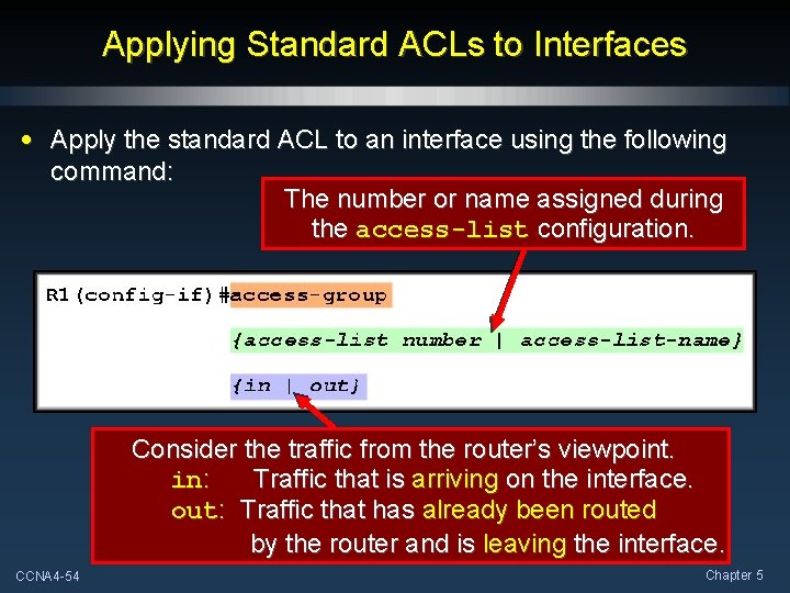 Applying Standard ACLs to Interfaces • Apply the standard ACL to an interface using