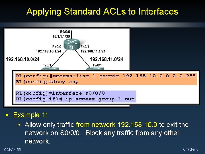 Applying Standard ACLs to Interfaces • Example 1: • Allow only traffic from network