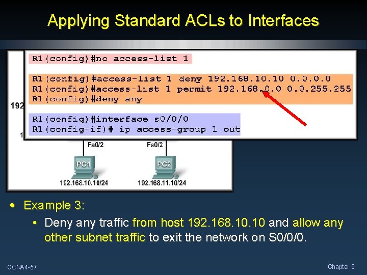 Applying Standard ACLs to Interfaces • Example 3: • Deny any traffic from host