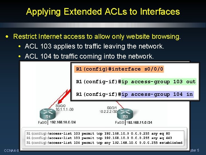 Applying Extended ACLs to Interfaces • Restrict Internet access to allow only website browsing.