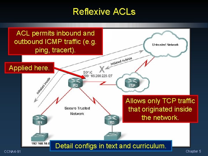 Reflexive ACLs ACL permits inbound and outbound ICMP traffic (e. g. ping, tracert). Applied