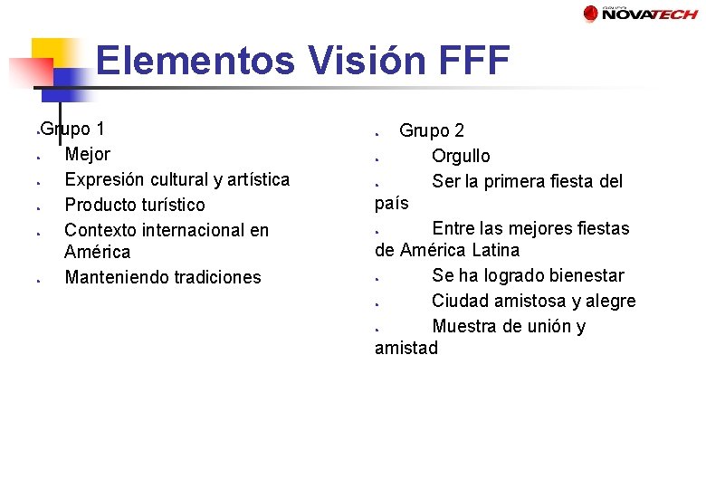 Elementos Visión FFF Grupo 1 Mejor Expresión cultural y artística Producto turístico Contexto internacional