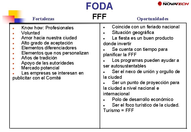 FODA Fortalezas Know how: Profesionales ● Voluntad ● Amor hacia nuestra ciudad ● Alto