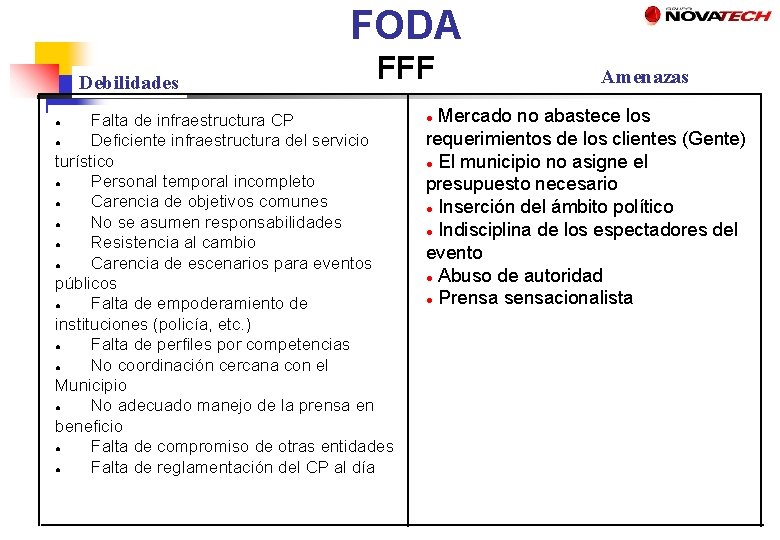 FODA Debilidades FFF Falta de infraestructura CP ● Deficiente infraestructura del servicio turístico ●