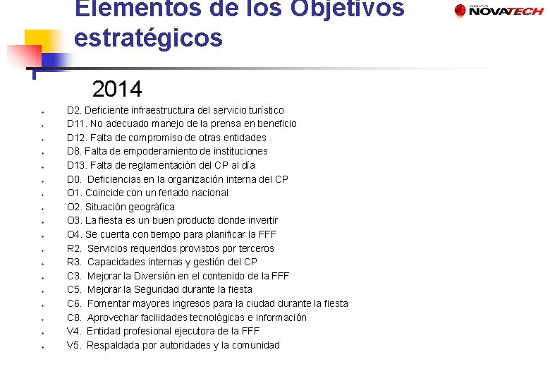 Elementos de los Objetivos estratégicos 2014 ● ● ● ● ● D 2. Deficiente