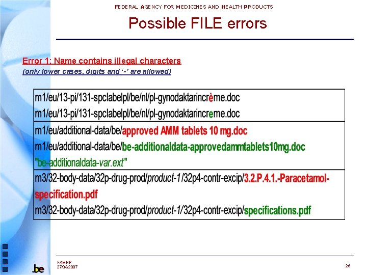 FEDERAL AGENCY FOR MEDICINES AND HEALTH PRODUCTS Possible FILE errors Error 1: Name contains