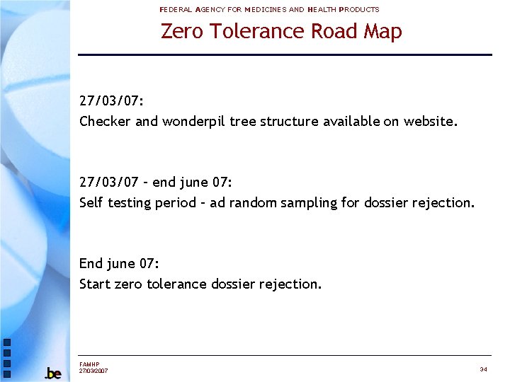 FEDERAL AGENCY FOR MEDICINES AND HEALTH PRODUCTS Zero Tolerance Road Map 27/03/07: Checker and