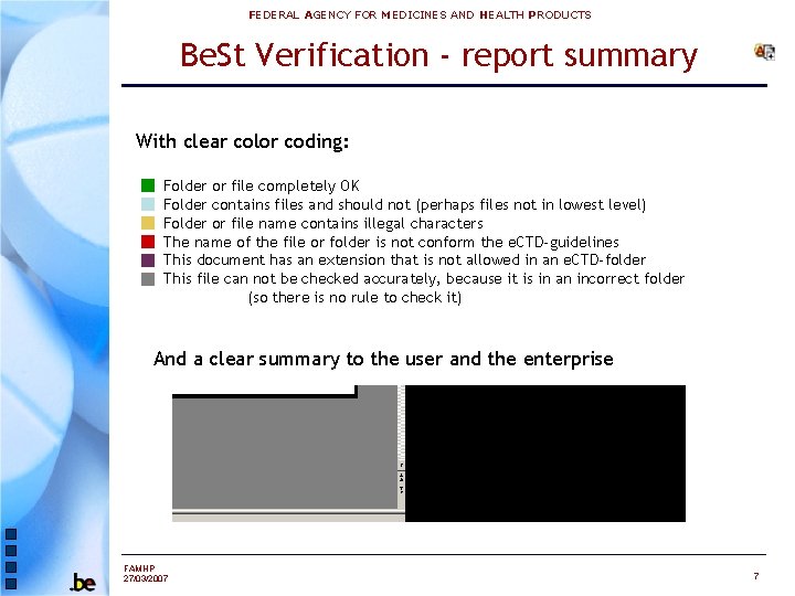 FEDERAL AGENCY FOR MEDICINES AND HEALTH PRODUCTS Be. St Verification - report summary With