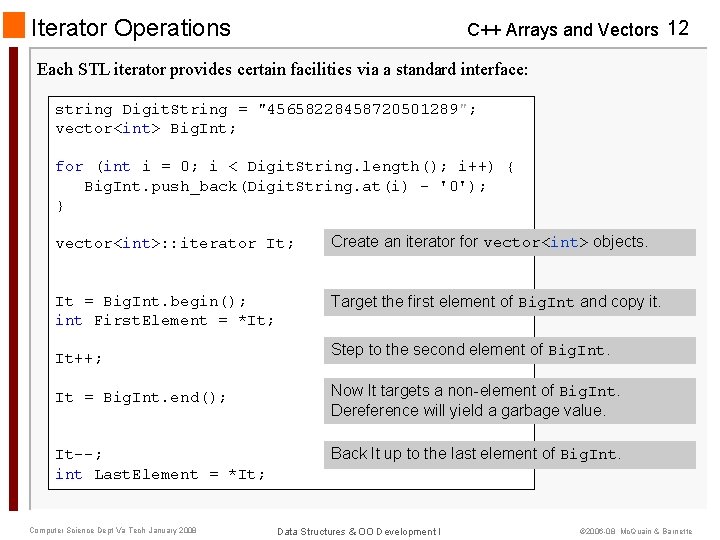 Iterator Operations C++ Arrays and Vectors 12 Each STL iterator provides certain facilities via