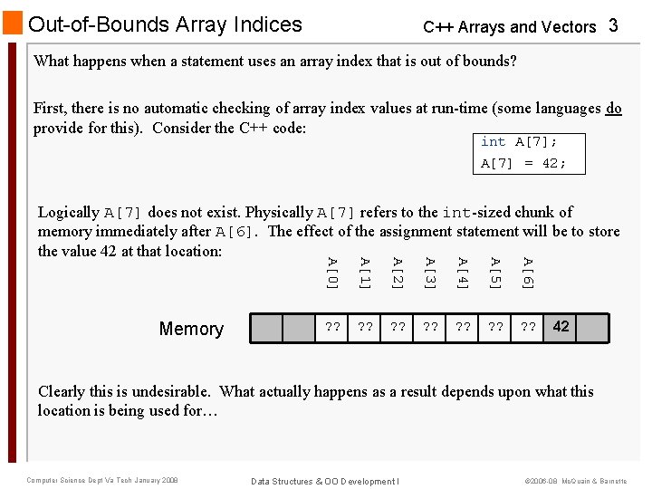 Out-of-Bounds Array Indices C++ Arrays and Vectors 3 What happens when a statement uses