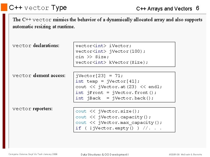 C++ vector Type C++ Arrays and Vectors 6 The C++ vector mimics the behavior