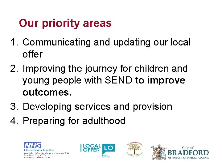 Our priority areas 1. Communicating and updating our local offer 2. Improving the journey