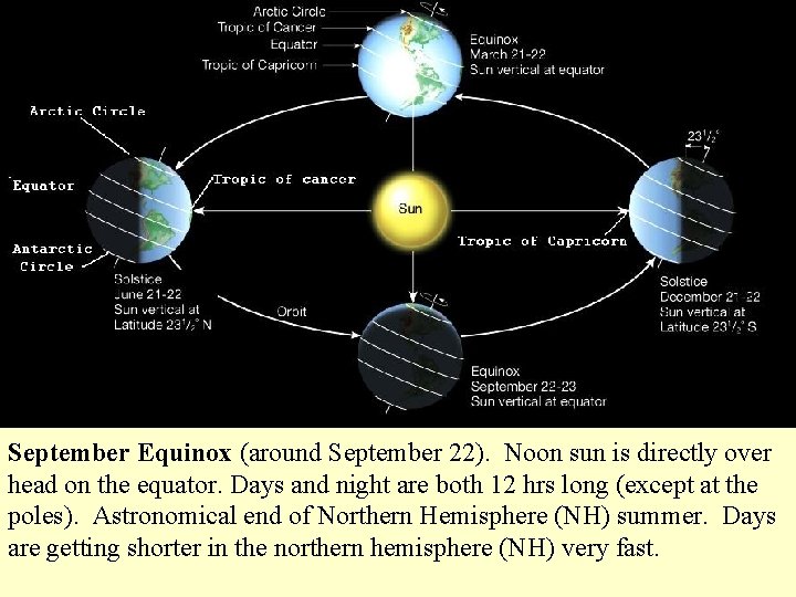 September Equinox (around September 22). Noon sun is directly over head on the equator.