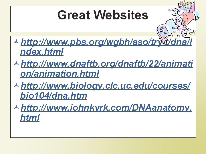 Great Websites ©http: //www. pbs. org/wgbh/aso/tryit/dna/i ndex. html ©http: //www. dnaftb. org/dnaftb/22/animati on/animation. html