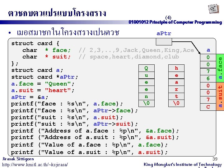  • เมอสมาชกในโครงสรางเปนตวช (4) 01001012 Principle of Computer Programming a. Ptr struct card {