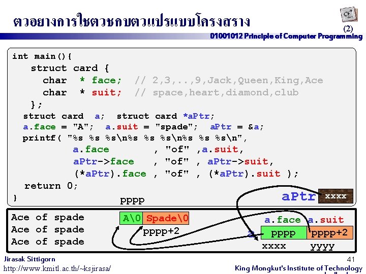 ตวอยางการใชตวชกบตวแปรแบบโครงสราง (2) 01001012 Principle of Computer Programming int main(){ struct card { char *