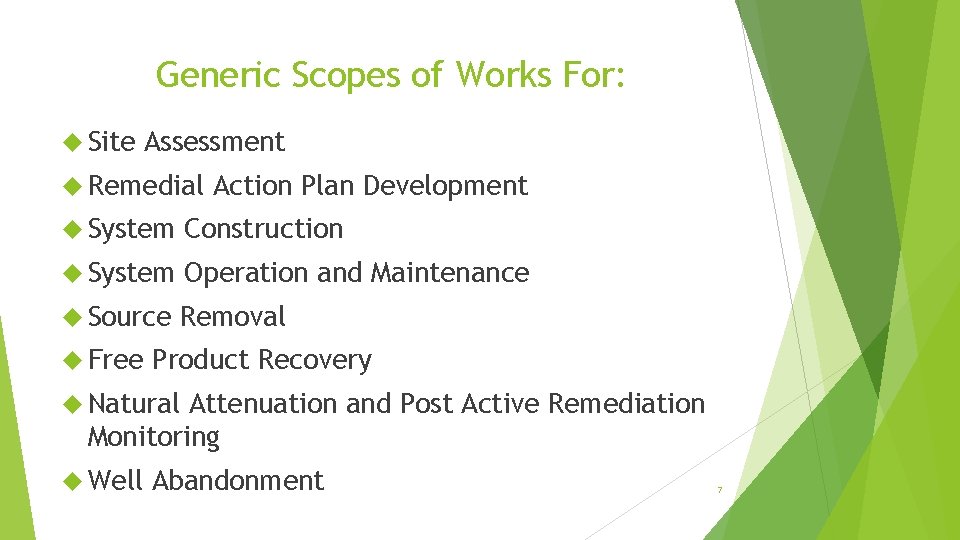Generic Scopes of Works For: Site Assessment Remedial Action Plan Development System Construction System Generic Scopes of Works For: Site Assessment Remedial Action Plan Development System Construction System