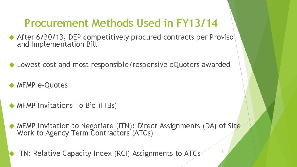 Procurement Methods Used in FY 13/14 After 6/30/13, DEP competitively procured contracts per Proviso Procurement Methods Used in FY 13/14 After 6/30/13, DEP competitively procured contracts per Proviso
