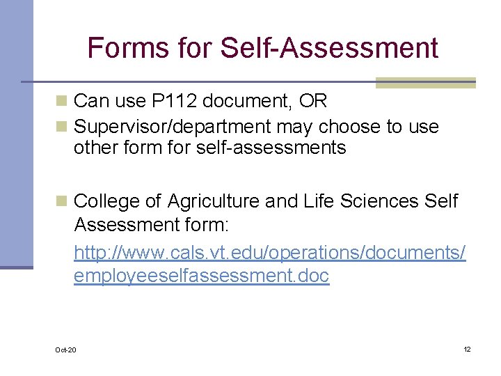 Forms for Self-Assessment n Can use P 112 document, OR n Supervisor/department may choose
