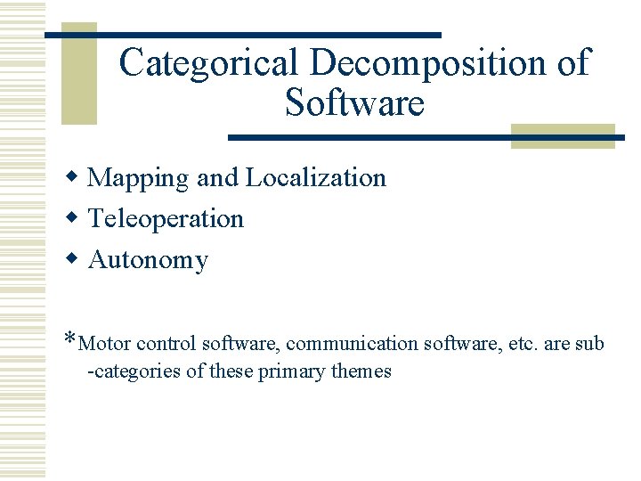 Categorical Decomposition of Software w Mapping and Localization w Teleoperation w Autonomy *Motor control