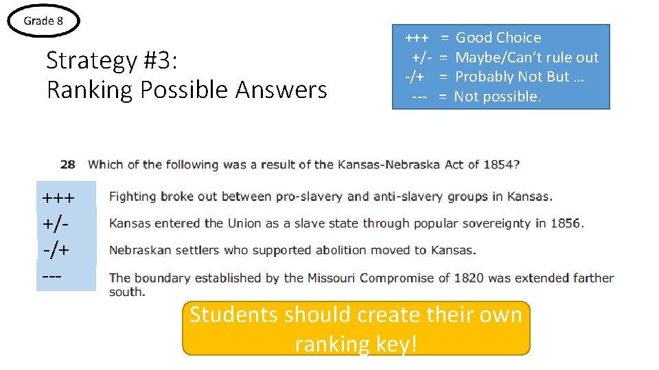 Strategy #3: Ranking Possible Answers +++ +/-/+ --- = = Good Choice Maybe/Can’t rule