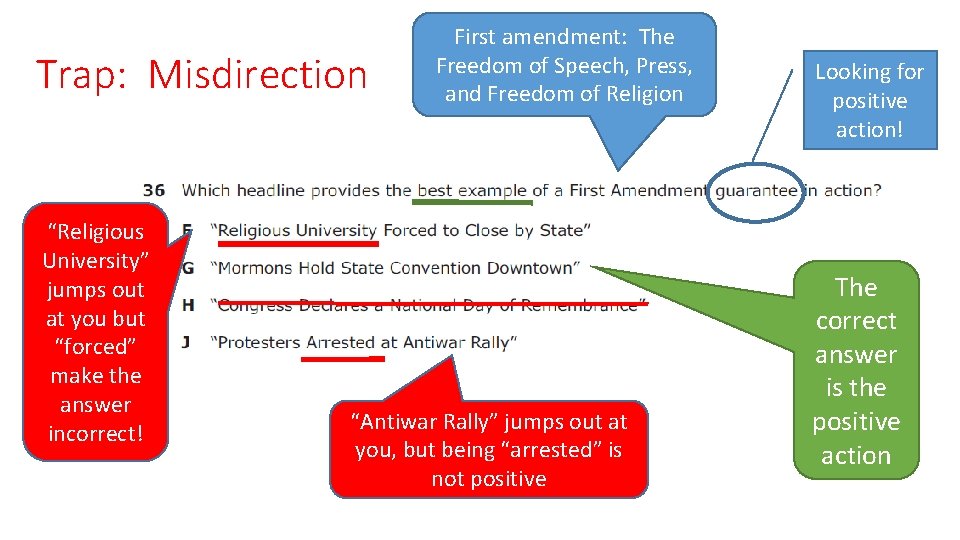 Trap: Misdirection “Religious University” jumps out at you but “forced” make the answer incorrect!