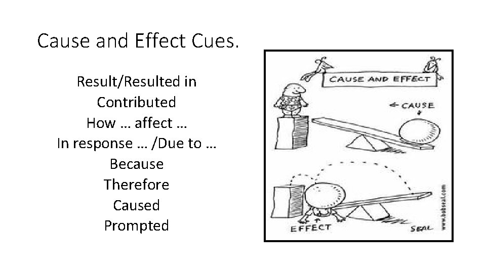 Cause and Effect Cues. Result/Resulted in Contributed How … affect … In response …