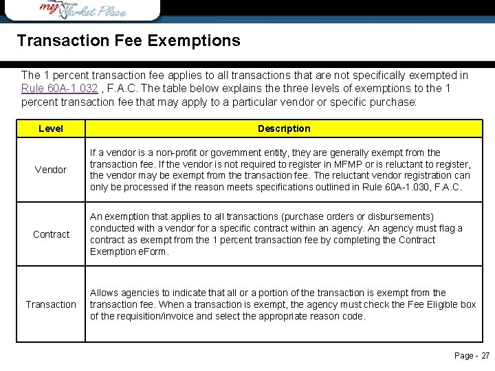 Transaction Fee Exemptions The 1 percent transaction fee applies to all transactions that are