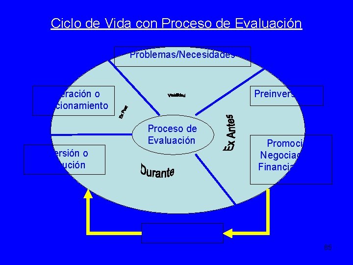 Ciclo de Vida con Proceso de Evaluación Problemas/Necesidades Preinversión Operación o Funcionamiento Proceso de