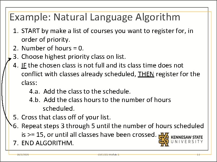 Example: Natural Language Algorithm 1. START by make a list of courses you want